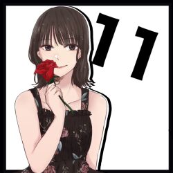 Rule 34 | 1girl, animification, arm at side, bare arms, bare shoulders, black border, black dress, border, brown eyes, brown hair, closed mouth, collarbone, commentary, countdown, dress, floral print, flower, frilled dress, frills, hand up, holding, holding flower, ishii haruna, looking at viewer, medium hair, mole, mole under eye, nigari (ngari 0115), outside border, print dress, real life, red flower, red rose, rose, rose print, simple background, sleeveless, sleeveless dress, smile, solo, upper body, voice actor, white background