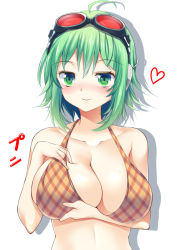 Rule 34 | 1girl, bad id, bad pixiv id, bikini, bikini top only, blush, breast lift, breasts, cleavage, collarbone, full-face blush, goggles, goggles on head, green eyes, green hair, gumi, headset, heart, large breasts, matching hair/eyes, orange bikini, plaid, plaid bikini, short hair, silhouette, simple background, skindentation, smile, solo, swimsuit, vocaloid, white background, yatsu (sasuraino)