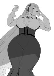 Rule 34 | 1girl, blunt bangs, blush, braid, breasts, cleavage, corset, curvy, dress, greyscale, highres, large breasts, long hair, long sleeves, looking at viewer, lying, momoko (shoutao), monochrome, on back, open mouth, original, shoutao, solo, thick thighs, thighs, white background, wide hips