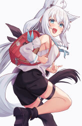 Rule 34 | 1girl, absurdres, ahoge, animal ear fluff, animal ears, aqua eyes, ars rg0412, backpack, bag, bare shoulders, blush, boots, breasts, detached sleeves, earrings, fox ears, fox girl, fox shadow puppet, fox tail, highres, hololive, jewelry, large breasts, long hair, looking at viewer, low-tied long hair, open mouth, randoseru, shirakami fubuki, shorts, sideboob, single thighhigh, sleeveless, tail, thigh strap, thighhighs, virtual youtuber, white background, white hair, wide sleeves
