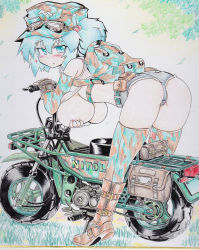 Rule 34 | 1girl, alternate costume, ass, backpack, bag, bare shoulders, blue eyes, blue hair, breast hold, breasts, camouflage, colored pencil (medium), colorized, contemporary, covering privates, covering breasts, english text, engrish text, female focus, gloves, goggles, goggles on head, hair bobbles, hair ornament, hanging breasts, hat, heart, kawashiro nitori, large breasts, matching hair/eyes, monochrome, motor vehicle, motorcycle, okiraku nikku, randoseru, ranguage, revealing clothes, shikishi, short hair, shorts, sketch, solo, touhou, traditional media, twintails, two side up, vehicle