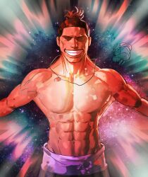 Rule 34 | 2boys, abs, biceps, brown hair, closed eyes, closed mouth, collarbone, cowboy shot, deltoids, emphasis lines, facing viewer, forehead, galaxy, grin, groin, hair pulled back, hieumay, highres, hip bones, itadori yuuji, jewelry, jujutsu kaisen, large pectorals, lats, lips, locket, male focus, multiple boys, muscular, navel, necklace, nose, outstretched arms, overexposure, pectorals, pendant, purple sash, sash, smile, solo, standing, stomach, straight-on, teeth, thick neck, topless male, toudou aoi (jujutsu kaisen), trapezius, v-taper