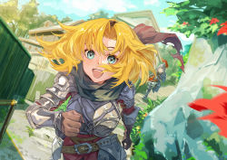Rule 34 | &gt;o&lt;, 2girls, absurdres, aqua eyes, armor, blonde hair, elbow gloves, female knight (guardian tales), future princess, gloves, grin, guardian tales, helmet, highres, medium hair, multiple girls, open mouth, outdoors, parted bangs, pauldrons, running, shoulder armor, smile, zuihou de miao pa si