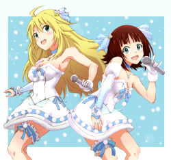 Rule 34 | 2girls, amami haruka, armpits, asymmetrical clothes, bare shoulders, breasts, cleavage, dress, elbow gloves, female focus, fingerless gloves, gloves, highres, hoshii miki, idolmaster, idolmaster (classic), jewelry, bridal garter, m/, microphone, multiple girls, necklace, open mouth, smile, suneo (goten), thigh strap