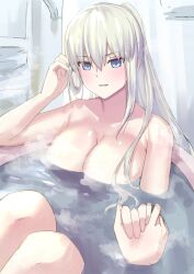 Rule 34 | 1girl, 1other, bathing, bathtub, blue eyes, blush, braid, breasts, cleavage, collarbone, fate/grand order, fate (series), french braid, grey hair, highres, holding hands, large breasts, long hair, looking at viewer, morgan le fay (fate), natu zame, ponytail, sidelocks, smile, solo focus, very long hair, water