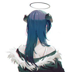 Rule 34 | 1girl, arknights, bare shoulders, black halo, blue hair, coat, commentary, dark halo, english commentary, facing away, from behind, fur-trimmed coat, fur-trimmed jacket, fur trim, halo, hickey, highres, hood, hood down, horns, jacket, kupikuuu, long hair, mostima (arknights), off shoulder, simple background, solo, tank top, upper body, white background