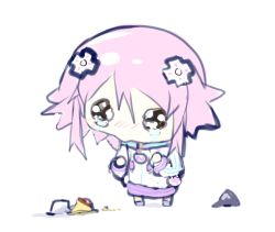 Rule 34 | 1girl, bimmy, breasts, chibi, choker, crying, d-pad, d-pad hair ornament, food, hair ornament, highres, hood, hoodie, neptune (neptunia), neptune (series), parka, pudding, purple hair, sad, shoes, short hair, simple background, small breasts, tears, thighs, white background