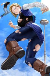 Rule 34 | 1boy, 1girl, absurdres, android 17, android 18, annoyed, belt, black hair, blonde hair, blue eyes, blue sky, blurry, boots, breasts, buttons, cloud, cloudy sky, cropped jacket, day, dragon ball, dragonball z, dutch angle, fingernails, full body, highres, jacket, long sleeves, looking at viewer, looking back, medium breasts, miniskirt, outdoors, pants, pantyhose, parted lips, shiny clothes, shoes, short hair, simple background, skirt, sky, sneakers, sweatdrop, torn clothes, torn pants, torn pantyhose, torn sleeves, yoshio (55level)