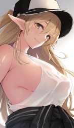 Rule 34 | 1girl, anza tomo, baseball cap, blonde hair, blush, breasts, closed mouth, clothes around waist, elf, gradient background, hair between eyes, hat, highres, jacket, jacket around waist, large breasts, lips, long hair, looking at viewer, one side up, original, pointy ears, see-through silhouette, sideboob, simple background, smile, solo, tied jacket, yellow eyes