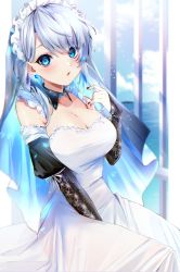 Rule 34 | 1girl, absurdres, arm between legs, blue eyes, blue hair, blue sky, breasts, bridal veil, cleavage, cloud, collarbone, commentary request, day, detached collar, detached sleeves, dress, earrings, harui (hr x9 ), highres, huge filesize, jewelry, large breasts, looking at viewer, maid headdress, medium hair, nail polish, ocean, open mouth, original, sitting, sky, solo, veil, wedding dress, white dress, window
