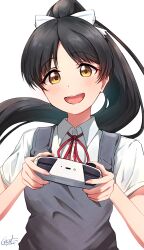 Rule 34 | 1girl, absurdres, brown hair, controller, game console, hazuki ren, highres, long hair, looking at viewer, love live!, love live! superstar!!, open mouth, playstation 5, playstation controller, short sleeves, simple background, smile, solo, yatoroku, yellow eyes, yuigaoka school uniform