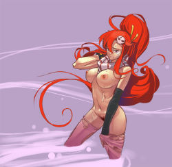 Rule 34 | 00s, 1girl, bracelet, breasts, cao-cao, colored pubic hair, elbow gloves, female pubic hair, gloves, jewelry, large breasts, long hair, naked scarf, nipples, nude, ponytail, pubic hair, red hair, scarf, solo, sweat, tears, tengen toppa gurren lagann, thighhighs, torn clothes, yoko littner