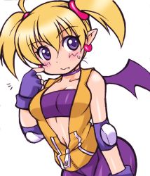 Rule 34 | 1girl, ^^^, ahoge, aq interactive, arcana heart, atlus, bandeau, bat wings, bike shorts, blonde hair, blush, breasts, cleavage, collar, demon girl, earrings, elbow pads, embarrassed, examu, fang, fingerless gloves, gloves, hair ornament, jewelry, leaning forward, lilica felchenerow, midriff, nakagami takashi, open clothes, open shirt, pointing, pointy ears, purple eyes, shirt, short hair, short twintails, simple background, solo, strapless, surprised, sweatdrop, tube top, twintails, unzipped, wings, zipper