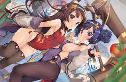 Rule 34 | 2girls, ahoge, animal ears, armpits, azur lane, backless leotard, backless outfit, bamboo, bare shoulders, bell, black legwear, blurry, blush, breasts, brown hair, cleavage cutout, closed mouth, clothing cutout, commentary request, covered navel, depth of field, double bun, dutch angle, fake animal ears, fur-trimmed jacket, fur trim, grey jacket, groin, hair bun, hairband, holding, jacket, jingle bell, kurot, lantern, leotard, long hair, looking at viewer, mallet, medium breasts, multiple girls, ning hai (azur lane), ning hai (moon palace rabbit) (azur lane), off shoulder, open clothes, open jacket, panda, pantyhose, paper lantern, parted lips, ping hai (azur lane), ping hai (osmanthus moon rabbit) (azur lane), plant, purple eyes, purple hair, purple leotard, rabbit ears, red eyes, red leotard, sideboob, single hair bun, small breasts, smile, standing, striped, thighhighs, thighs, white hairband