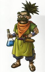 1boy absurdres ambiguous_blue_liquid apron beaker black_eyes blue_pants brown_hair dragon_quest dragon_quest_x facial_hair full_body green_apron green_shirt hair_pulled_back hand_on_own_hip high_ponytail highres holding holding_beaker isshou_(dq10) knife long_eyebrows looking_to_the_side male_focus mature_male mustache neckerchief official_art orange_neckerchief pants sandals scan sheath shirt solo spiked_hair stubble third-party_source toned toned_male toriyama_akira white_background