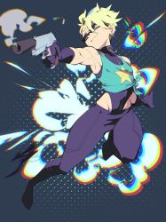 Rule 34 | 1boy, aetherion, armpits, black pants, blonde hair, chromatic aberration, commission, earrings, gun, highleg, highres, jewelry, original, pants, second-party source, short hair, sin juyo (tealstarranger), smile, smoke, solo, trap, weapon