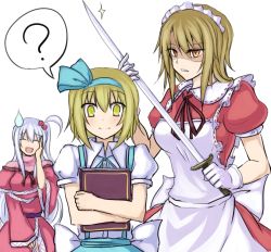 Rule 34 | 3girls, ?, ^ ^, alice margatroid, alice margatroid (pc-98), bad id, bad pixiv id, blonde hair, blush, book, bow, breasts, capelet, closed eyes, dress, dress shirt, closed eyes, female focus, gloves, hair bobbles, hair bow, hair ornament, hair ribbon, hairband, kenii, kenuu (kenny), long hair, maid, maid headdress, multiple girls, mystic square, open mouth, overalls, red eyes, ribbon, shaded face, shinki (touhou), shirt, short hair, side ponytail, silver hair, skirt, smile, sparkle, spoken question mark, suspenders, sweatdrop, sword, touhou, touhou (pc-98), turtleneck, weapon, yellow eyes, yumeko (touhou)