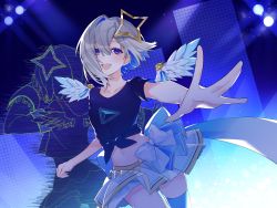 Rule 34 | 1girl, :d, absurdres, amane kanata, angel wings, black shirt, blue hair, collarbone, colored inner hair, dual persona, feathered wings, frills, grey hair, highres, hologram, hololive, hololive idol uniform, idol, midriff, miniskirt, multicolored hair, navel, open mouth, outstretched arm, outstretched hand, purple eyes, shirt, short hair, single thighhigh, skirt, smile, solo, t-shirt, thighhighs, tied shirt, uehara (dormmmmir ), virtual youtuber, wings, zettai ryouiki