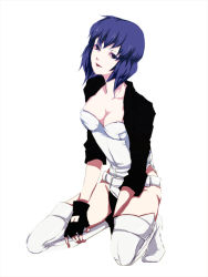 Rule 34 | 00s, 1girl, :d, belt, belt skirt, between legs, black gloves, black jacket, bob cut, breasts, cleavage, colored eyelashes, crop top, cropped jacket, fingerless gloves, from side, full body, ghost in the shell, ghost in the shell stand alone complex, gloves, hand between legs, highleg, highleg leotard, jacket, kneeling, kusanagi motoko, leotard, medium breasts, open clothes, open jacket, open mouth, purple eyes, purple hair, short hair, smile, solo, spread legs, thighhighs, white leotard, white thighhighs