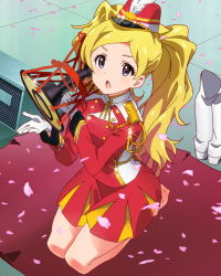 Rule 34 | 10s, 1girl, artist request, band uniform, bare legs, barefoot, blonde hair, blush, boots, unworn boots, drum, emily stewart, emily stuart, gloves, hat, idolmaster, idolmaster million live!, instrument, knee boots, kneeling, long hair, looking at viewer, music, official art, open mouth, petals, playing instrument, purple eyes, seiza, shoes, unworn shoes, sitting, skirt, solo, sparkle, star (symbol), twintails, uniform, white footwear, white gloves