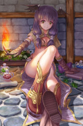 Rule 34 | 1girl, :d, bare legs, belt, blunt bangs, book, boots, bottle, bra, breasts, brown bra, brown footwear, brown gloves, building, cape, capelet, cleavage, demon girl, demon wings, feathers, fire, flower, gloves, green eyes, grin, hair tubes, head wings, house, knee boots, leaf, legs, liquid, looking at viewer, low twintails, mage (ragnarok online), magical girl, midriff, moai87, moai (aoh), o-ring, open mouth, outstretched arm, parted lips, pelvic curtain, potion, purple hair, ragnarok online, ribbon trim, scroll, shoe soles, short sleeves, sitting, smile, solo, stone floor, stone wall, twintails, underwear, wall, white feathers, wings