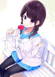 Rule 34 | 1girl, :q, bench, black pantyhose, blue sailor collar, blue skirt, blush, brown hair, candy, cardigan, chikuwa., closed mouth, collarbone, commentary, food, grey cardigan, hands up, holding, holding candy, holding food, holding lollipop, lollipop, long hair, long sleeves, low twintails, neckerchief, on bench, original, pantyhose, park bench, pleated skirt, purple eyes, sailor collar, school uniform, serafuku, sitting, skirt, sleeves past wrists, smile, solo, swirl lollipop, symbol-only commentary, tongue, tongue out, twintails, white neckerchief