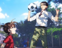 Rule 34 | 2boys, :d, ball, belt, black-framed eyewear, black belt, blue eyes, blue sky, blurry, blurry background, brown eyes, brown hair, casual, child, cloud, collared shirt, commentary request, dappled sunlight, day, edogawa conan, from side, glasses, green pants, hands up, height difference, k (gear labo), kazami yuuya, looking at another, looking at object, male focus, meitantei conan, multiple boys, necktie, open mouth, outdoors, pants, playing sports, purple neckwear, red shirt, shirt, shirt tucked in, short hair, short sleeves, sky, sleeves rolled up, smile, soccer ball, standing, sunlight, sweatdrop, tree, white shirt