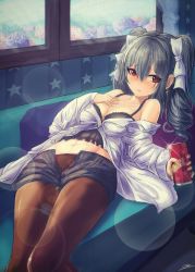 Rule 34 | 1girl, bare shoulders, black shorts, blush, bow, breasts, brown pantyhose, camisole, can, cleavage, collarbone, couch, cross, cross earrings, drill hair, drink can, earrings, flower, foreshortening, glint, grey hair, hair bow, hand on own chest, highres, hmax, holding, hydrangea, idolmaster, idolmaster cinderella girls, indoors, jewelry, kanzaki ranko, lens flare, long hair, long sleeves, lying, medium breasts, navel, off shoulder, on back, on couch, open clothes, open fly, open shirt, pantyhose, pantyhose under shorts, parted lips, partially unbuttoned, red eyes, shirt, short shorts, shorts, signature, smile, soda can, solo, star (symbol), twin drills, twintails, white bow, window