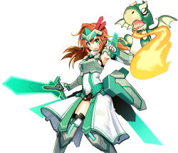 Rule 34 | 1girl, :o, armor, armpits, beam, breastplate, cosmic break, covered navel, detached sleeves, dragon, energy sword, feathers, fire, flying, gloves, green eyes, hair ornament, headpiece, highres, holding, holding sword, holding weapon, jetpack, looking at viewer, monster, multicolored hair, navel, philia(cosmic break), red hair, simple background, sweat, sweatdrop, sword, two-tone hair, wavy mouth, weapon, white background