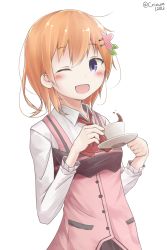 Rule 34 | 1girl, ;d, absurdres, bad id, bad pixiv id, black skirt, blush, coffee, collared shirt, commentary request, cup, gochuumon wa usagi desu ka?, hair between eyes, hair ornament, hairclip, highres, holding, holding cup, holding saucer, hoto cocoa, light brown hair, looking at viewer, one eye closed, open mouth, pink vest, purple eyes, rabbit house uniform, saucer, shirt, simple background, skirt, smile, solo, tateishi kureha, teacup, twitter username, uniform, upper body, vest, white background, white shirt