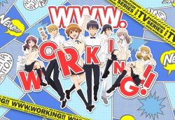 Rule 34 | 3boys, 4girls, adachi masahiro, apron, black hair, brown hair, eyebrows, fork, higashida daisuke, kamakura shiho, kondou kisaki, long hair, miyakoshi hana, multiple boys, multiple girls, muranushi sayuri, official art, official wallpaper, ponytail, shindou yuuta, short hair, waitress, wallpaper, working!!, working!! (web manga)
