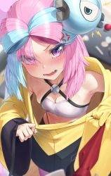 Rule 34 | 1girl, absurdres, anger vein, blue hair, blurry, blush, breasts, character hair ornament, cleavage, commentary request, creatures (company), game freak, hair ornament, highres, iono (pokemon), jacket, long hair, looking at viewer, multicolored hair, nintendo, open mouth, padoruu, pink hair, pokemon, pokemon sv, purple eyes, solo, teeth, tongue, two-tone hair, wide sleeves, yellow jacket