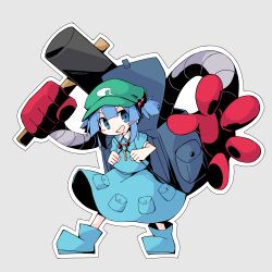 Rule 34 | 1girl, asameshi, backpack, bag, blue dress, blue eyes, blue footwear, blue hair, boots, cattail, dress, flat cap, front ponytail, full body, green bag, green hat, hair bobbles, hair ornament, hammer, hat, holding, kappa, kawashiro nitori, key, mechanical arms, open mouth, plant, rubber boots, solo, tokin hat, touhou, two side up, wrench