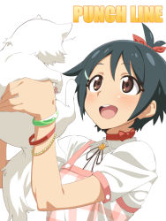 Rule 34 | 1girl, :d, black hair, blush, bow, bracelet, brown eyes, cat, chiranosuke (punch line), chiyoko (punch line), choker, copyright name, hair ornament, hair ribbon, hairclip, iridatsu yuuta, jewelry, loliconder, open mouth, overalls, punch line, ribbon, short hair, simple background, smile, spoilers, topknot, white background