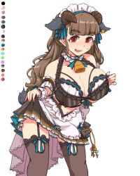 Rule 34 | 1girl, apron, arm garter, bell, breasts, brown hair, choker, clothes lift, color guide, cow horns, cowbell, frilled choker, frilled skirt, frills, garter straps, horns, idolmaster, idolmaster cinderella girls, kamiya nao, key, charm (object), large breasts, long hair, looking at viewer, maid apron, maid headdress, midriff, miniskirt, skirt, skirt lift, solo, spot color, stomach, tail, thigh strap, thighhighs, thighs, toriga naku, white background, white choker