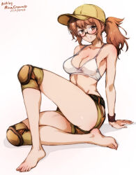 Rule 34 | 1girl, arm support, artist name, barefoot, baseball cap, blush, breasts, brown eyes, brown hair, brown shorts, cleavage, commentary, dated, english text, feet, fio germi, glasses, hat, knee pads, large breasts, legs, long hair, looking at viewer, metal slug, midriff, mina cream, ponytail, round eyewear, shadow, shoes, short shorts, shorts, sidelocks, sitting, smile, socks, solo, tank top, teeth, toenails, toes, white tank top, wristband
