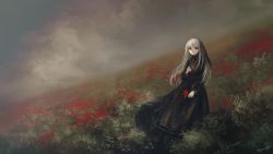 Rule 34 | 1girl, absurdres, albino, artist name, black dress, brooch, bush, closed mouth, cloud, cloudy sky, colored skin, commentary request, dress, field, flower, french commentary, grey hair, hand on own chest, highres, holding, holding flower, jewelry, long hair, long sleeves, looking at viewer, original, puffy sleeves, red brooch, red eyes, signature, sky, solo, standing, white skin, yoruneiges