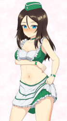 Rule 34 | 1girl, absurdres, ada badguy, blue eyes, blush, breasts, brown hair, choker, cleavage, closed mouth, embarrassed, frilled skirt, frills, girls und panzer, green choker, green hat, hat, highres, long hair, looking at viewer, medium breasts, navel, nonna (girls und panzer), race queen, simple background, skirt, solo