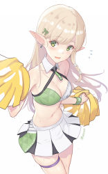 Rule 34 | 1girl, bare shoulders, blonde hair, braid, breasts, cheerleader, cleavage, collarbone, commentary request, dan (kumadan), earrings, elf, green skirt, highres, jewelry, long hair, looking at viewer, medium breasts, midriff, navel, open mouth, original, pointy ears, pom pom (cheerleading), resolution mismatch, simple background, single braid, skirt, solo, source smaller, sweat, thigh strap, white background, white skirt