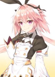Rule 34 | 1boy, astolfo (fate), astolfo (saber) (fate), astolfo (saber) (third ascension) (fate), black bow, black gloves, black ribbon, blush, bow, bowtie, commentary request, fang, fate/grand order, fate (series), gintama 10102, gloves, hair bow, hair intakes, hair ribbon, highres, long hair, long sleeves, looking at viewer, male focus, multicolored hair, pink hair, purple eyes, ribbon, skin fang, smile, solo, streaked hair, trap, twintails, white hair
