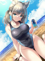 Rule 34 | 1girl, bare arms, bare shoulders, black one-piece swimsuit, blue archive, blue eyes, blush, breasts, collarbone, commentary request, competition swimsuit, covered navel, grey hair, hair ornament, highres, hinata sora, holding, large breasts, looking at viewer, medium hair, ocean, one-piece swimsuit, outdoors, parted lips, shiroko (blue archive), shiroko (swimsuit) (blue archive), sitting, solo, swimsuit, thighs, wariza