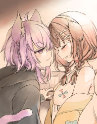 Rule 34 | animal ears, bare shoulders, black hoodie, bone hair ornament, brown hair, cartoon bone, cat ears, cat girl, cat tail, closed mouth, commentary request, cup, dog ears, dress, drinking glass, facing another, fang, hair between eyes, hair ornament, highres, hololive, hood, hood down, hoodie, inugami korone, inugami korone (1st costume), jacket, long sleeves, looking at another, mito (go!go!king!), nekomata okayu, nekomata okayu (1st costume), off shoulder, open clothes, open jacket, open mouth, profile, purple eyes, purple hair, sleeveless, sleeveless dress, sleeves past wrists, smile, tail, upper body, virtual youtuber, white dress, yellow jacket