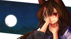 Rule 34 | 1girl, akaiha (akaihagusk), animal ears, bad id, bad pixiv id, bamboo, bamboo forest, brown hair, crying, eyebrows, fangs, fingernails, forest, frilled sleeves, frills, full moon, hand on own face, imaizumi kagerou, light, long fingernails, long hair, looking at viewer, moon, nail polish, nature, night, red eyes, red nails, sharp fingernails, sky, solo, star (sky), star (symbol), starry sky, tears, touhou, wide sleeves, wolf ears