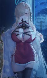 Rule 34 | 1girl, alternate costume, asuna (blue archive), bell, blonde hair, blue archive, blue eyes, blush, braid, breasts, choker, christmas, christmas tree, clenched teeth, clothing cutout, dress, gift, hair over one eye, halo, heart, heart cutout, highres, huge breasts, looking away, merumeko, mole, open clothes, santa costume, side-tie dress, sky, smile, snow, solo, star (symbol), teeth, thighhighs, tree