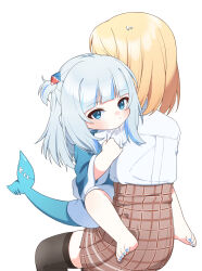 Rule 34 | 2girls, absurdres, aged down, animal costume, barefoot, black thighhighs, blonde hair, blue hoodie, carrying, carrying person, child, dot mouth, fins, fish tail, from behind, gawr gura, gawr gura (1st costume), hair ornament, highres, hololive, hololive english, hood, hoodie, hug, multicolored hair, multiple girls, nail polish, shark costume, shark girl, shark hair ornament, shark tail, straddling, streaked hair, sweatdrop, tail, thighhighs, toenail polish, toenails, ugaaaa1, virtual youtuber, watson amelia, watson amelia (1st costume), white background, white hair