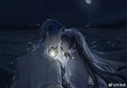 Rule 34 | 1boy, 1girl, beach, black hair, blue eyes, blue hair, blunt bangs, bridal veil, butterfly earrings, clarence clayden, closed eyes, closed mouth, collared shirt, couple, curtained hair, dark blue hair, dress, duimimi, earrings, face-to-face, fireworks, from behind, full moon, glasses, hand on another&#039;s arm, heroine (lovebrush chronicles), hetero, highres, jewelry, long hair, long sleeves, looking at another, looking to the side, lovebrush chronicles, moon, night, outdoors, parted bangs, parted lips, profile, shirt, short hair, spaghetti strap, sparkler, veil, weibo logo, weibo watermark, white dress, white shirt