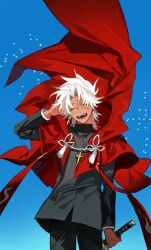 Rule 34 | 1boy, amakusa shirou (fate), arm behind head, arm up, bird, black jacket, blue background, cape, closed eyes, commentary request, cross, cross necklace, dark-skinned male, dark skin, earrings, fate/apocrypha, fate (series), feet out of frame, gradient background, highres, holding, holding sword, holding weapon, jacket, jewelry, katana, kyouichi, long sleeves, necklace, parted bangs, priest, red cape, reverse grip, short hair, smile, solo, sword, tassel, weapon, white hair