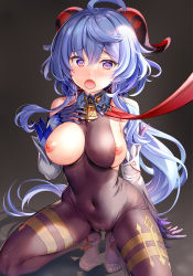 Rule 34 | 1girl, ahoge, bare shoulders, bdsm, bell, black gloves, black legwear, blue hair, blush, breasts, collar, comiket 99, covered navel, cowbell, detached sleeves, feet, ganyu (genshin impact), genshin impact, gloves, hand on own chest, heart, heart-shaped pupils, highres, horns, large breasts, leash, leotard, long hair, long sleeves, looking at viewer, low ponytail, neck bell, nipples, no bra, open mouth, paid reward available, pelvic curtain, pet play, purple eyes, slave, solo, squatting, symbol-shaped pupils, thighs, yan-yam