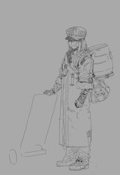 Rule 34 | 1girl, backpack, bag, boots, closed mouth, coat, commentary, english commentary, full body, grey background, greyscale, hat, highres, looking at viewer, mechanical arms, monochrome, original, simple background, solo, standing, y naf