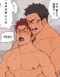 Rule 34 | 2boys, abs, bara, black hair, blush, chun (luxtan), commentary, english commentary, english text, closed eyes, glasses, hug, hug from behind, implied sex, large pectorals, male focus, multiple boys, muscular, nipples, nose blush, open mouth, original, pectorals, red hair, topless male, short hair, sideburns, speech bubble, sweat, translated, yaoi